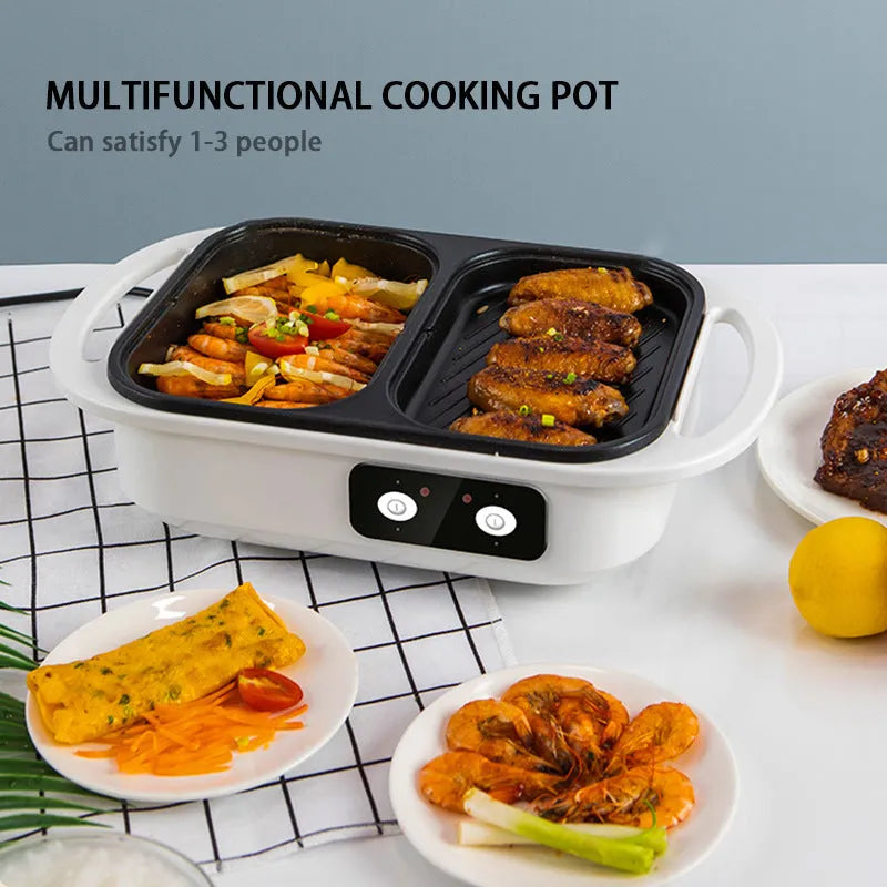 White or green electric hot pot appliance with dual caldron and frying oven functions for 2-3 people