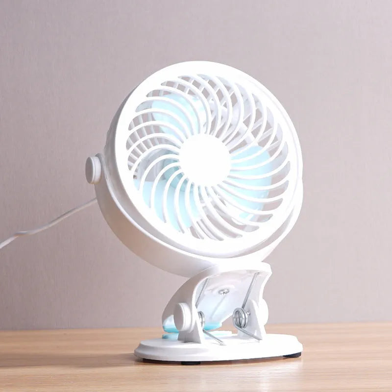 USB desktop fan with clip and floor base options showing compact 19cm design for quiet office or dormitory use