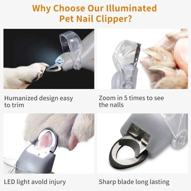 Yellow pet nail clipper with LED light and magnifying lens for trimming dog and cat nails