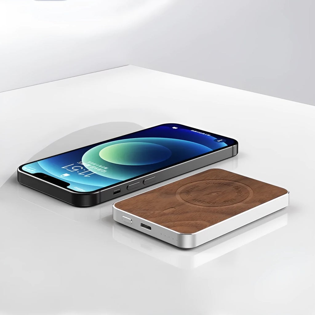 Khaki-coloured magnetic wireless charging bank with 5000mAh capacity and USB port