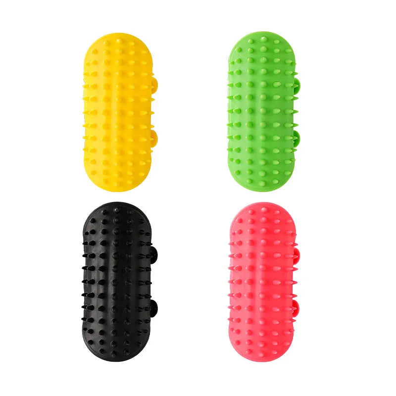 Silicone pet grooming comb with adjustable strap mounted on table leg for cats and dogs