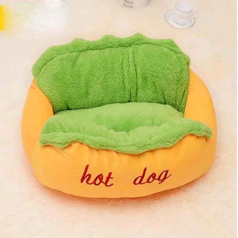 Flannelette hot dog pet bed with removable mat and anti-slip base in four size options.