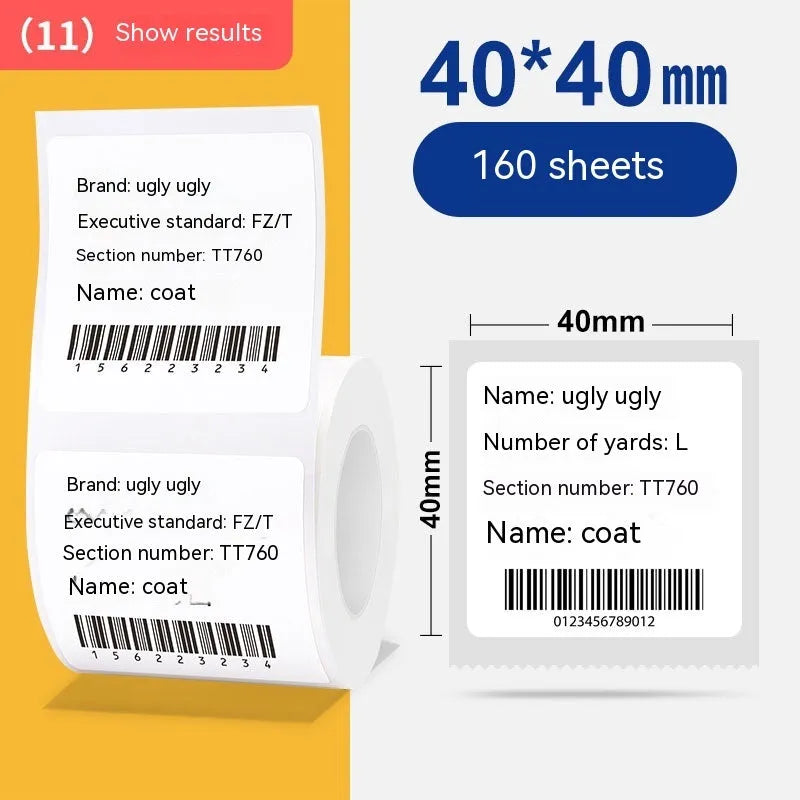 Roll of white four-proof thermal label paper stickers, 40mm by 40mm, for supermarket and clothing tags.