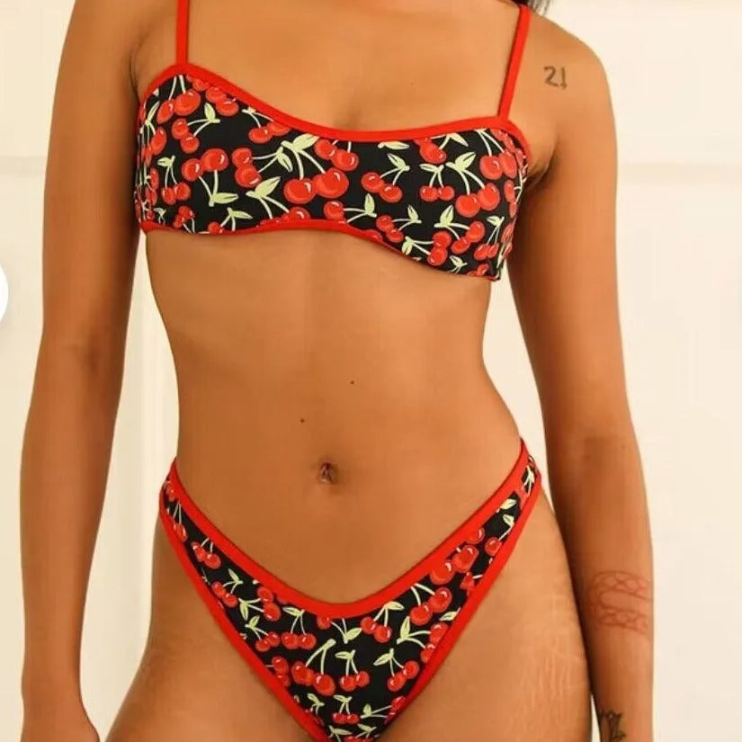 Women's cherry print tube top bikini swimsuit with floral pattern and briefs style