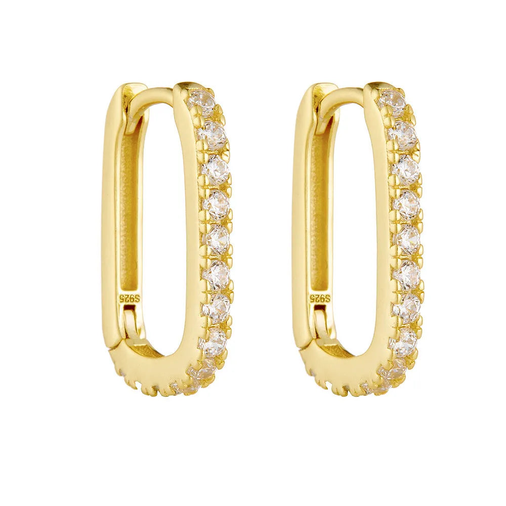 S925 sterling silver oval zircon ear clips with geometric design in yellow or white colour options