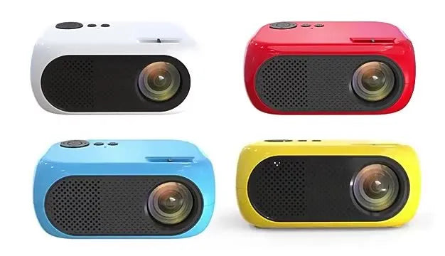 M24 micro mini projector in gold or white ABS plastic with power adapter and cables