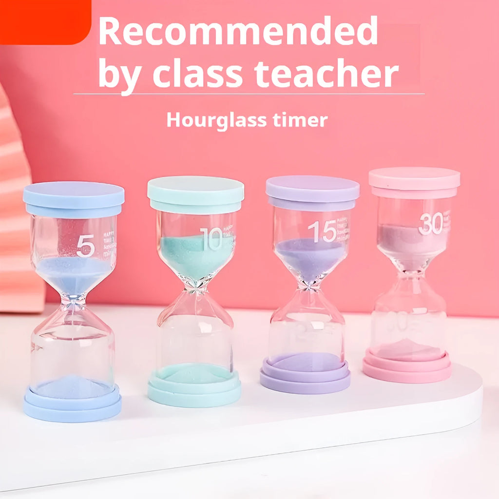 Handmade glass sand timer hourglass in blue, green, pink or purple on a desk.