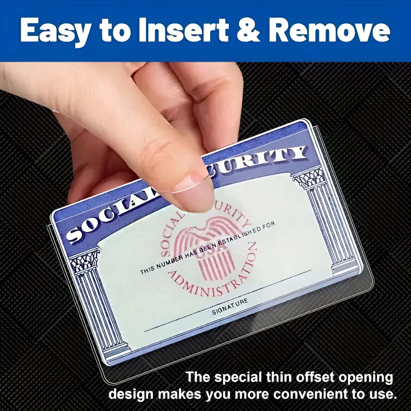 Transparent PVC waterproof ID card holder showing a Social Security card inside.