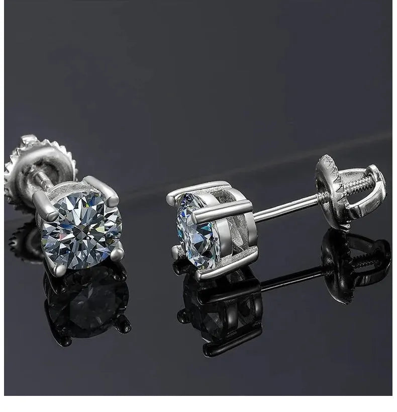Four claw moissanite stud earrings with geometric 7mm stone in electroplated silver with certificate