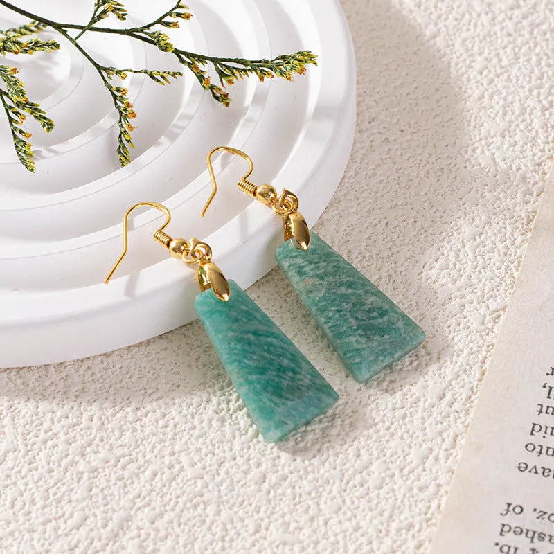 Amazonite rough stone trapezoid geometric earrings in gold or silver finish with octagon design elements