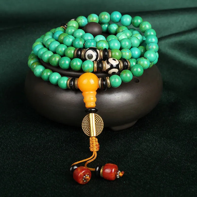 Natural turquoise stone bracelet with 108 polished 8mm round beads in national style design