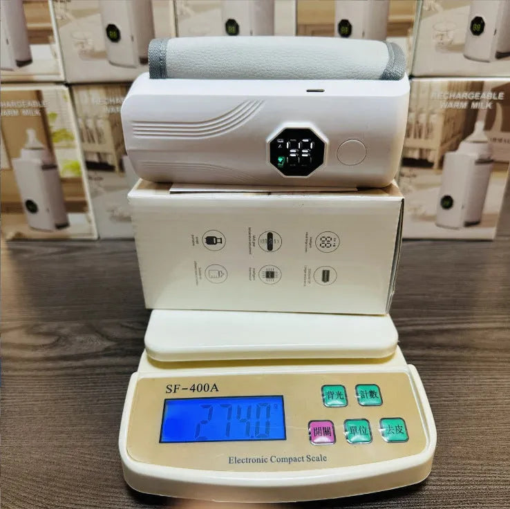 Gray and white electric car milk warmer with PU leather finish and constant temperature heating for baby bottles.