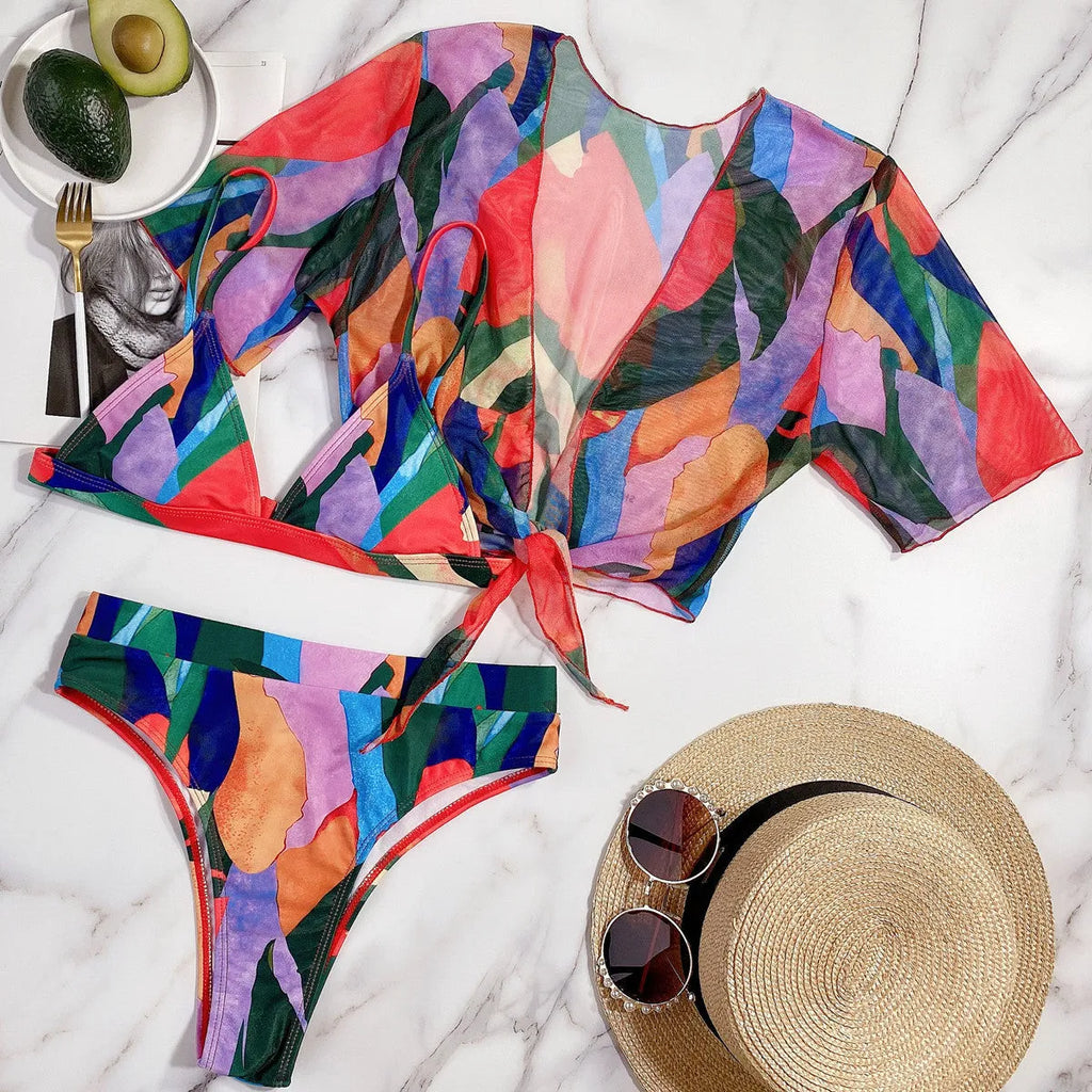 Red women's printed split swimsuit with European-American pattern design for swimming