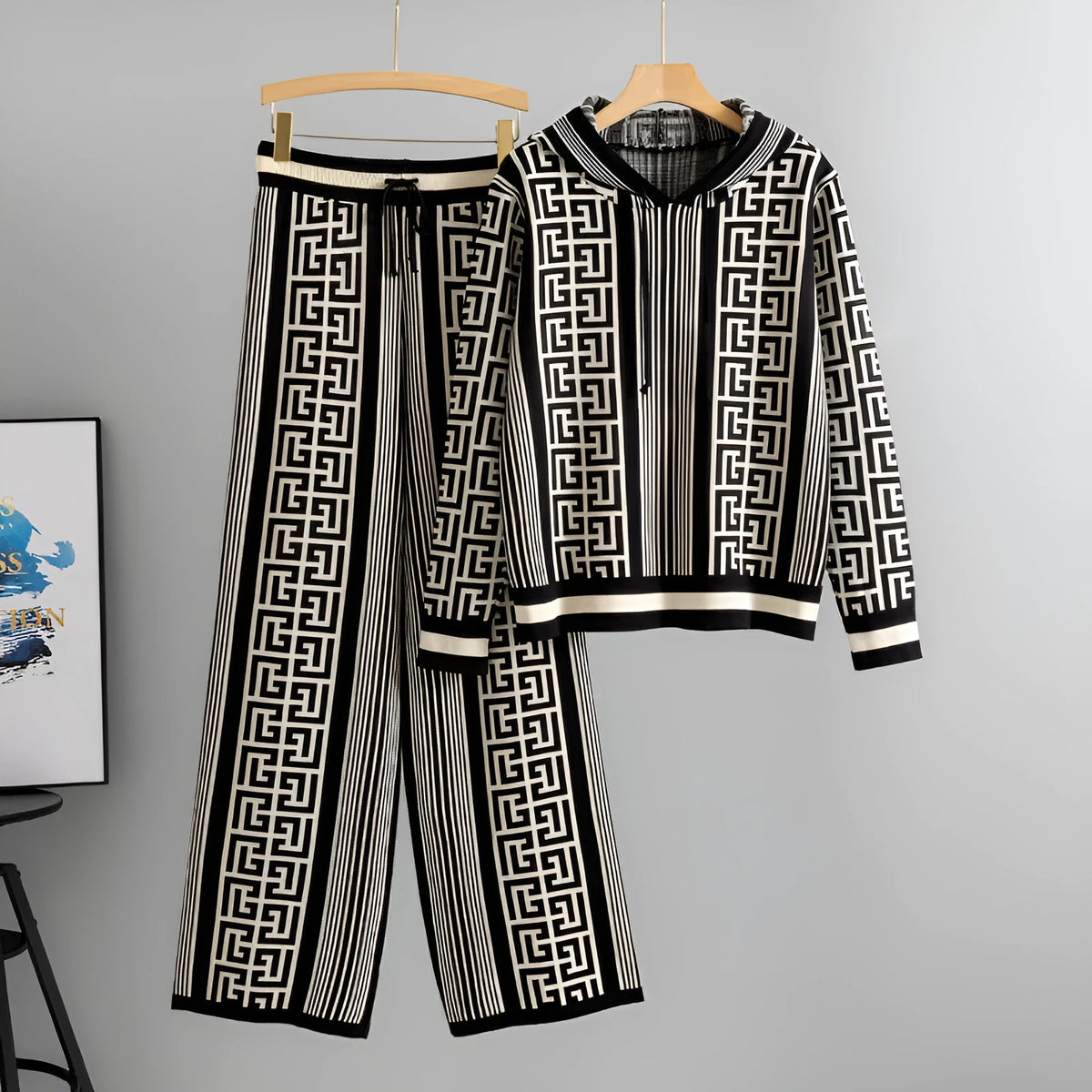 Women's hooded knitted sweater and wide leg pants suit in viscose fibre with letter pattern, shown in khaki, black, rose red or brown.