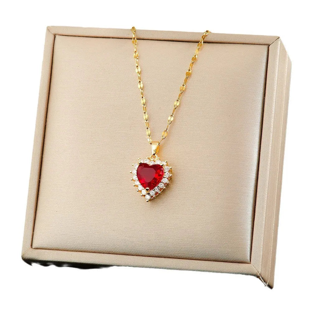 Gold red heart flower necklace with water wave chain and matching earrings and ring set