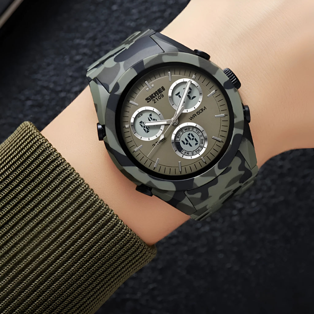 Electronic casual watch with a 50m waterproof rating shown in various colours including camouflage, on a flexible TPU strap.