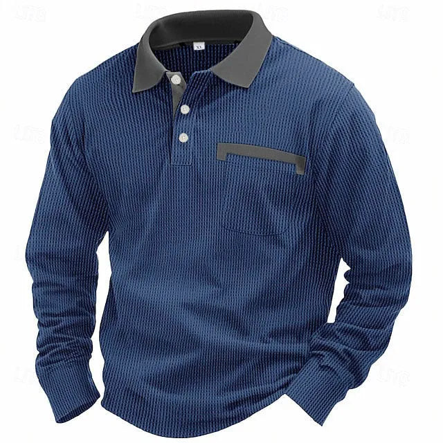Men's long sleeve waffle polo shirt with asymmetric design in wine red colour