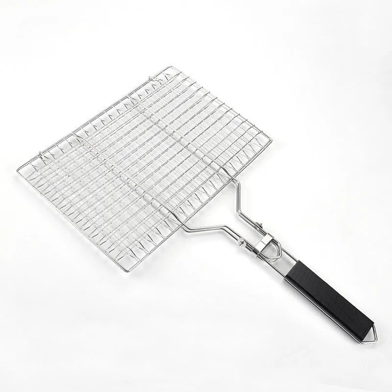 Square stainless steel barbecue mesh basket with folding design and included cleaning brush for outdoor grilling