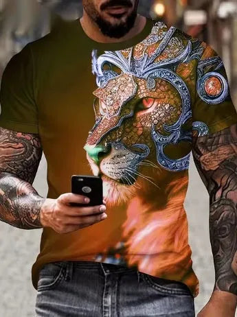 Men's black T-shirt featuring a textured 3D printed lion graphic on the chest.
