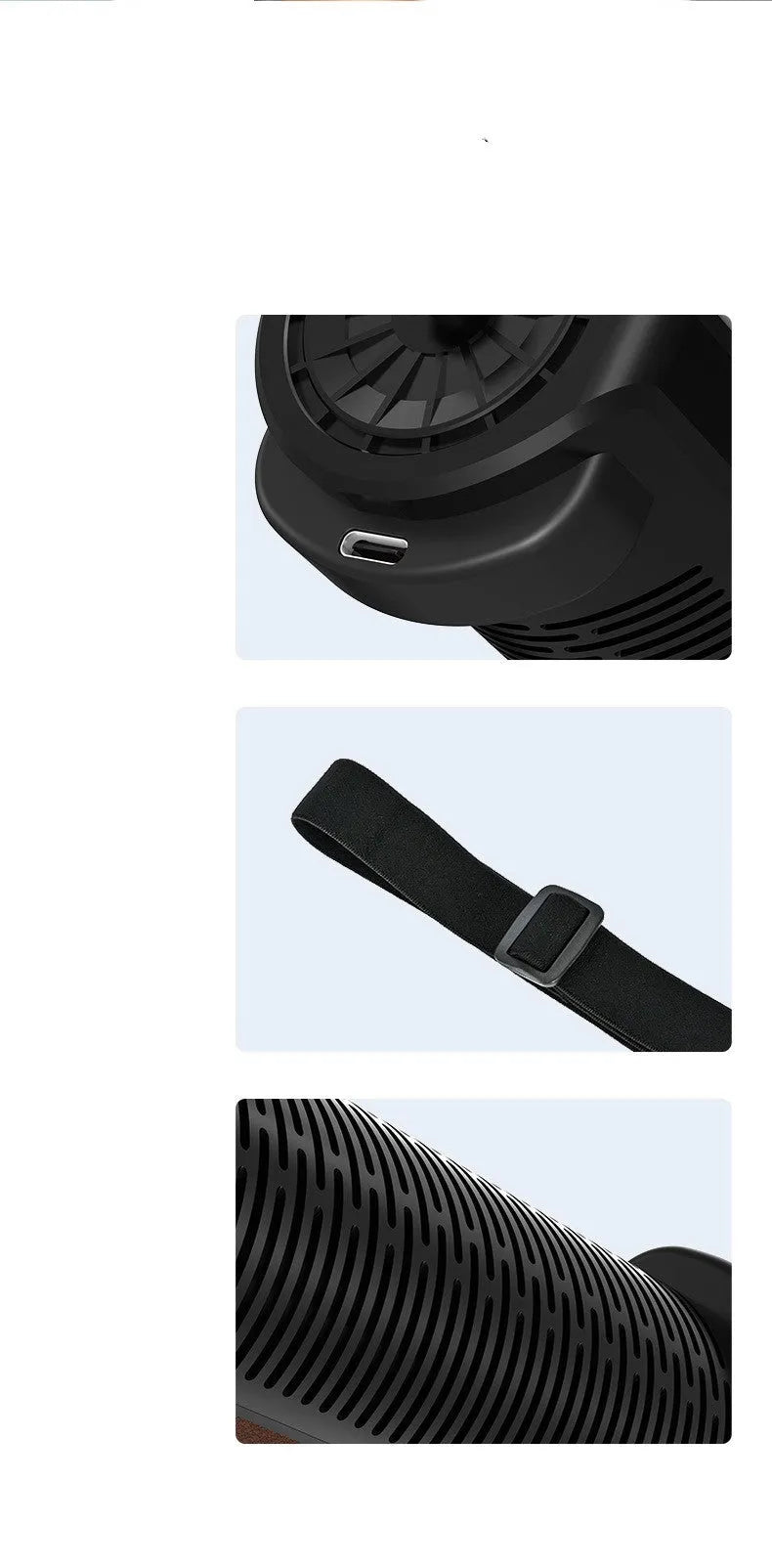 Black bladeless car ventilation fan with USB cable, showing compact design and control keys.
