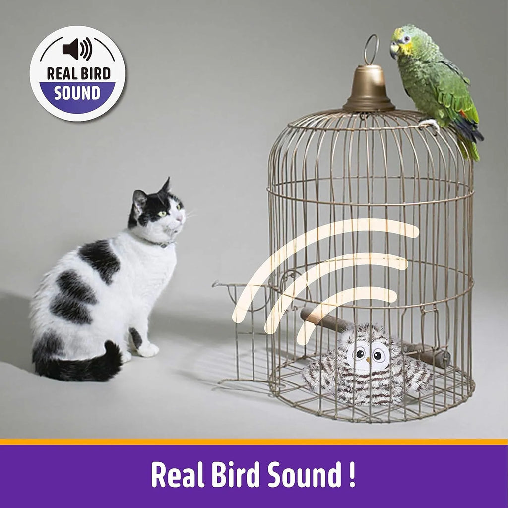 Grey automatic chirping owl cat toy with flapping wings on green background
