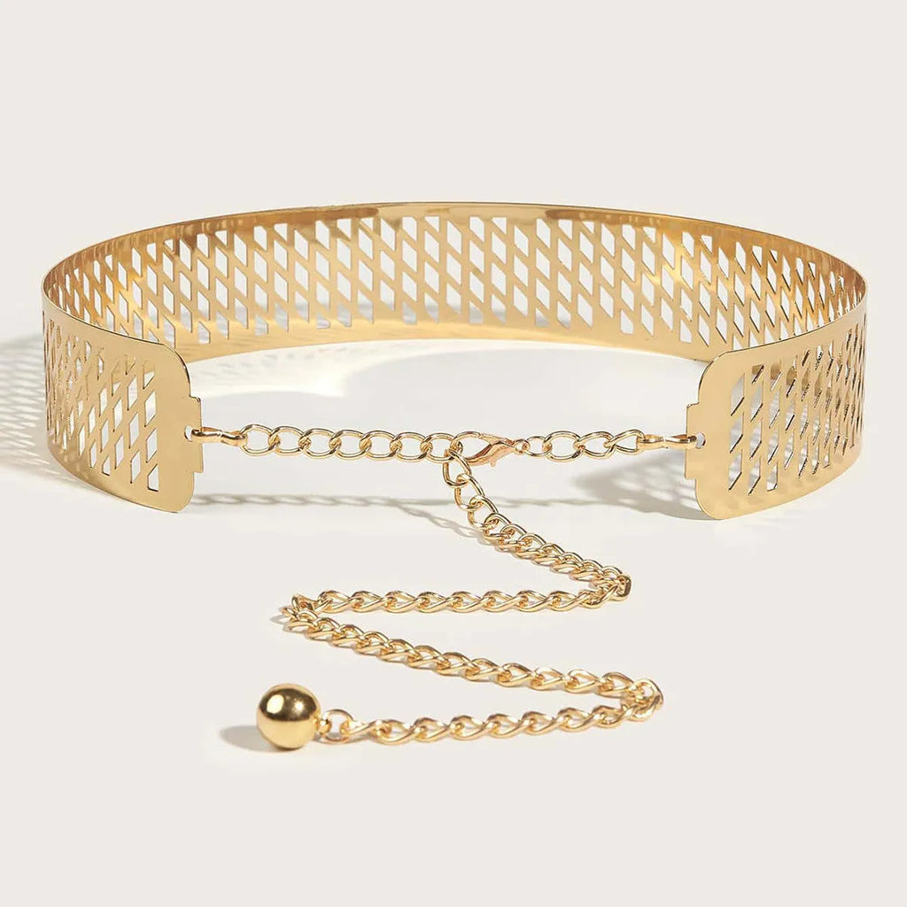 Golden lantern head punching net flower design on a thick black waist seal belt with alloy buckle.