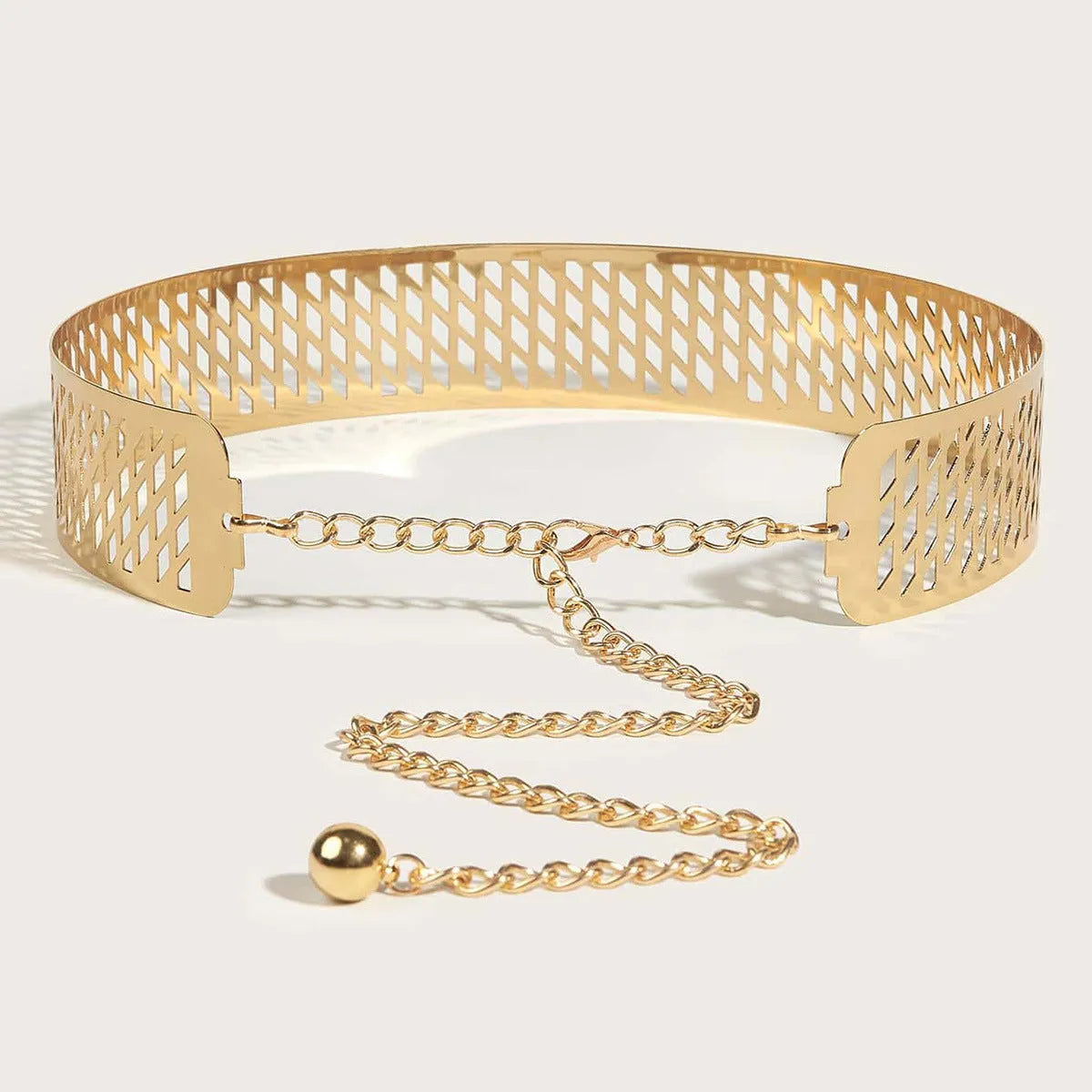 Golden lantern head punching net flower design on a thick black waist seal belt with alloy buckle.