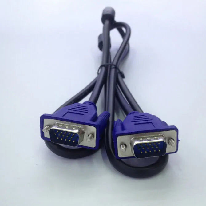 Black VGA cable with blue moulded connectors, 1.5 metres long, for connecting a computer to a monitor or TV.