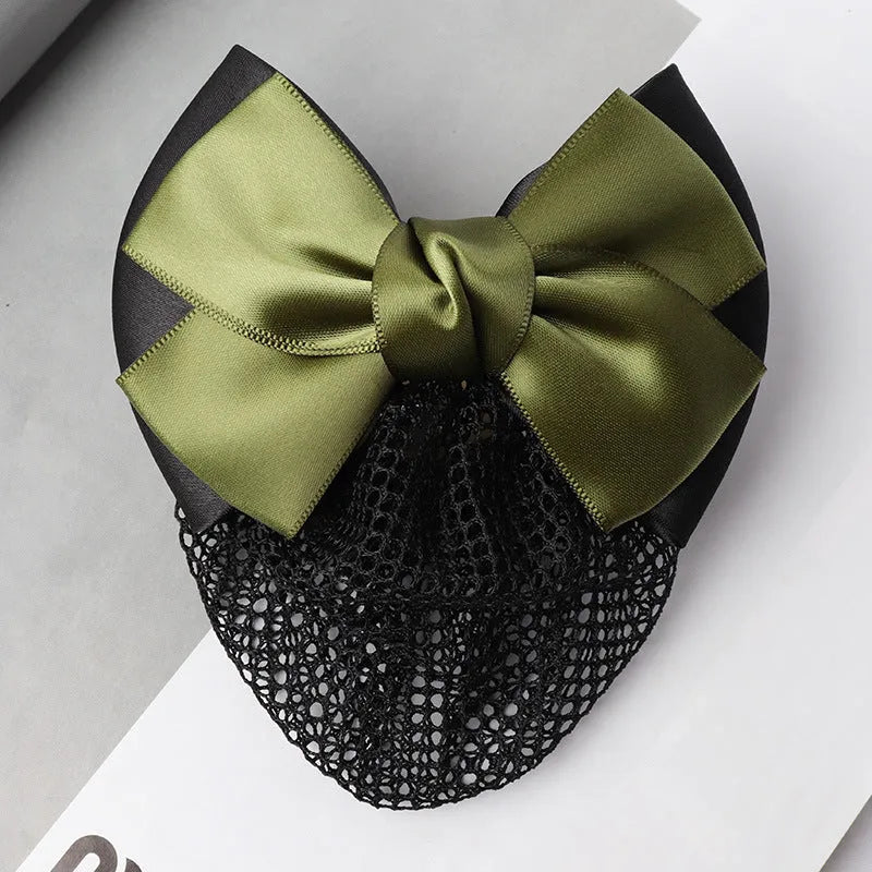 Professional female worker headdress with two-stage flower bow ornament and hair net pocket clip in business style