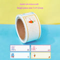 Roll of colourful cartoon name stickers with dinosaur, astronaut, rabbit, and girl designs for labelling.