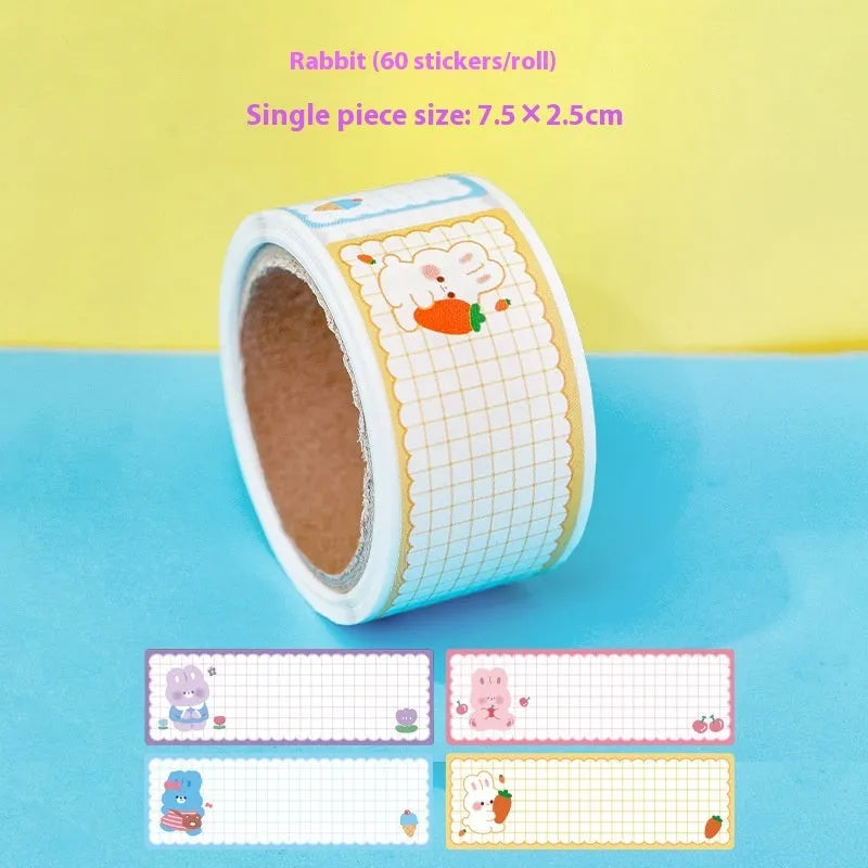 Roll of colourful cartoon name stickers with dinosaur, astronaut, rabbit, and girl designs for labelling.