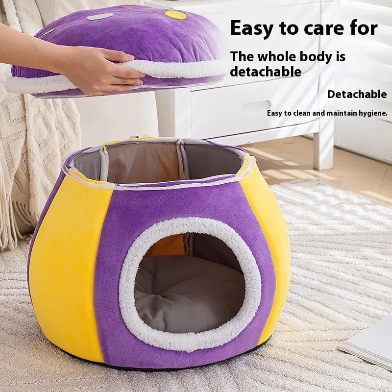 Grey mushroom-shaped cat nest bed with plush lining and a detachable blanket