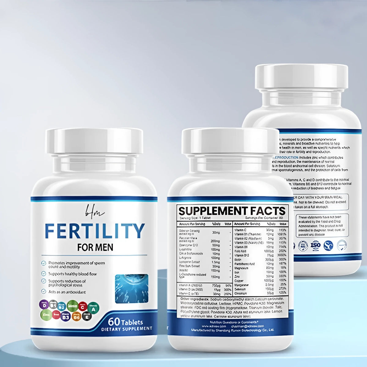 Bottle of 60 male fertility tablets with COMLEX vitamin mineral amino acids formulation