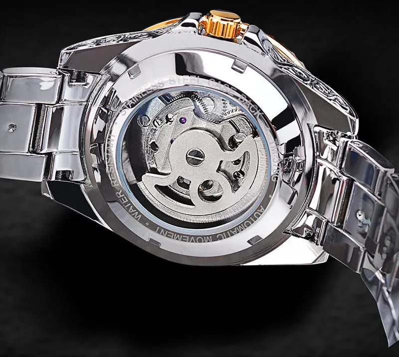 Forsining yellow gold skeleton tourbillon automatic watch with 44mm stainless steel case