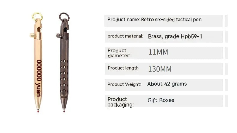 Solid brass hexagonal bolt roller pen showing its 6-angle design and 13cm length.