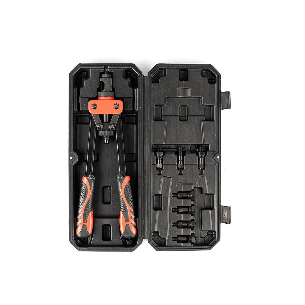 CQ14 14-inch alloy rivet nut pull-setter tool with six metric gun tips on grey background