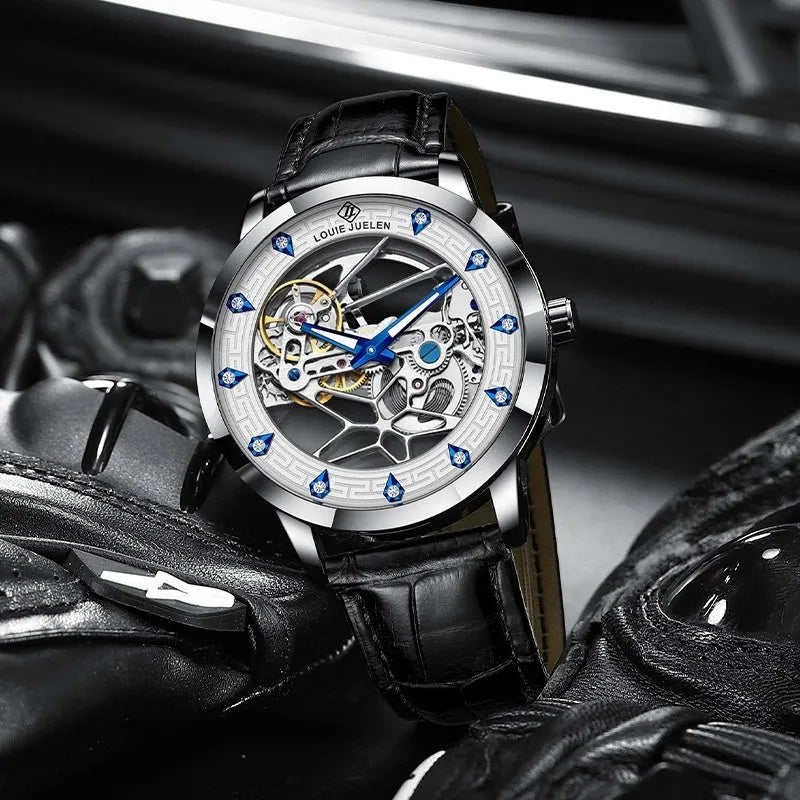 Men's silver mechanical watch with white dial blue luminous hands and brown genuine leather strap