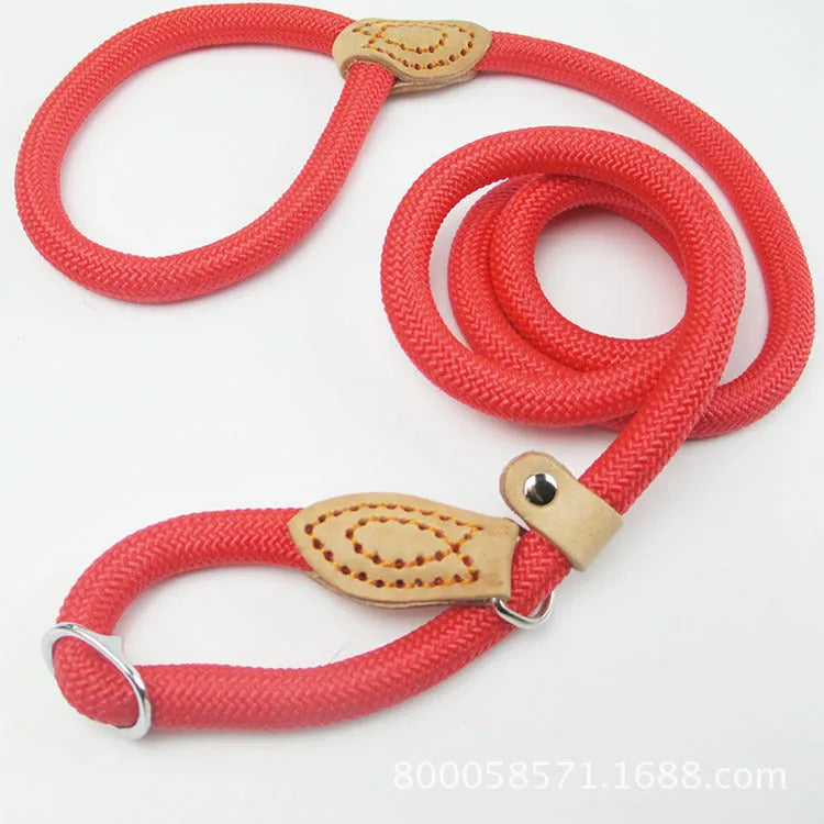 Brown nylon P-chain dog leash measuring 2.1 metres with hand holding rope