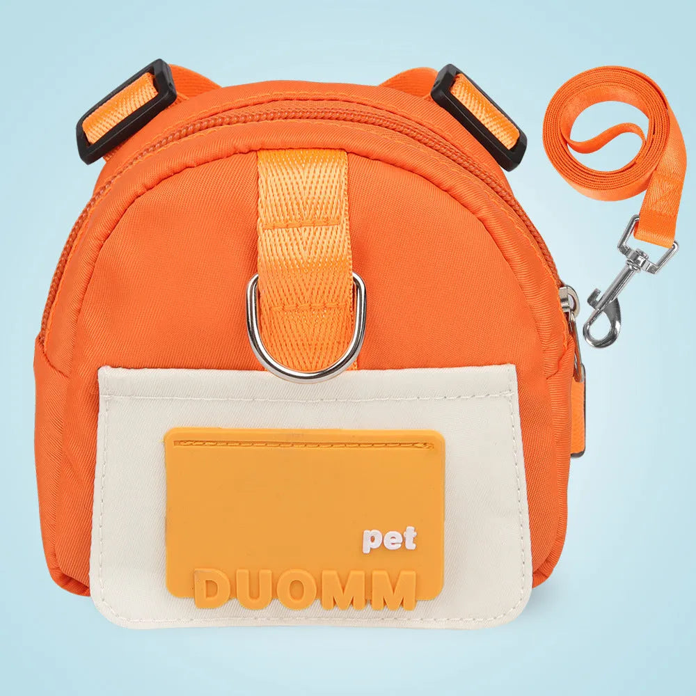 Blue adjustable dog backpack with harness and storage compartments for travel