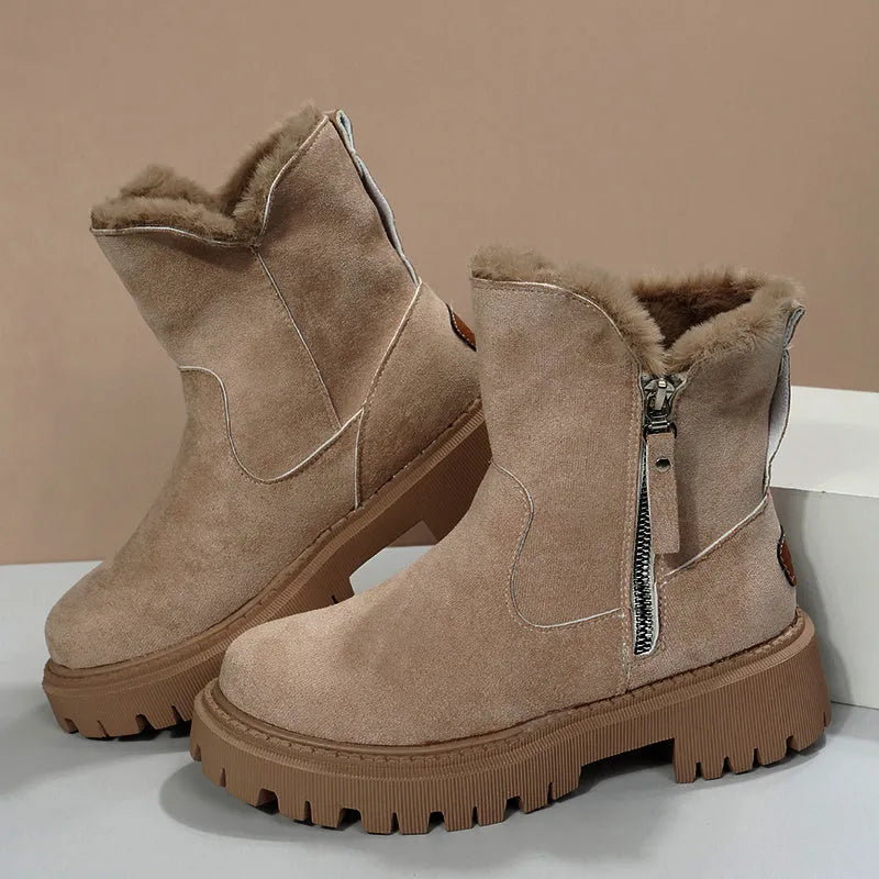 Women's black thick plush high-top snow boots with a side zipper and non-slip sole.