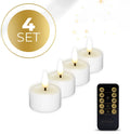 Set of four white plastic S4 LED tealight candles with flickering flame effect, dimensions D4.1cm x H5cm