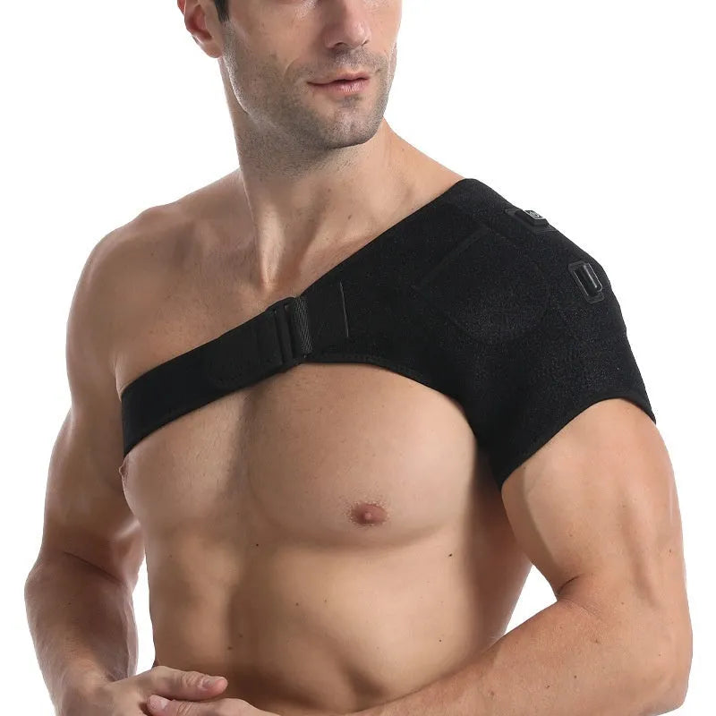 Grey electric heating shoulder pad with micro-USB cable for 5V power connection.