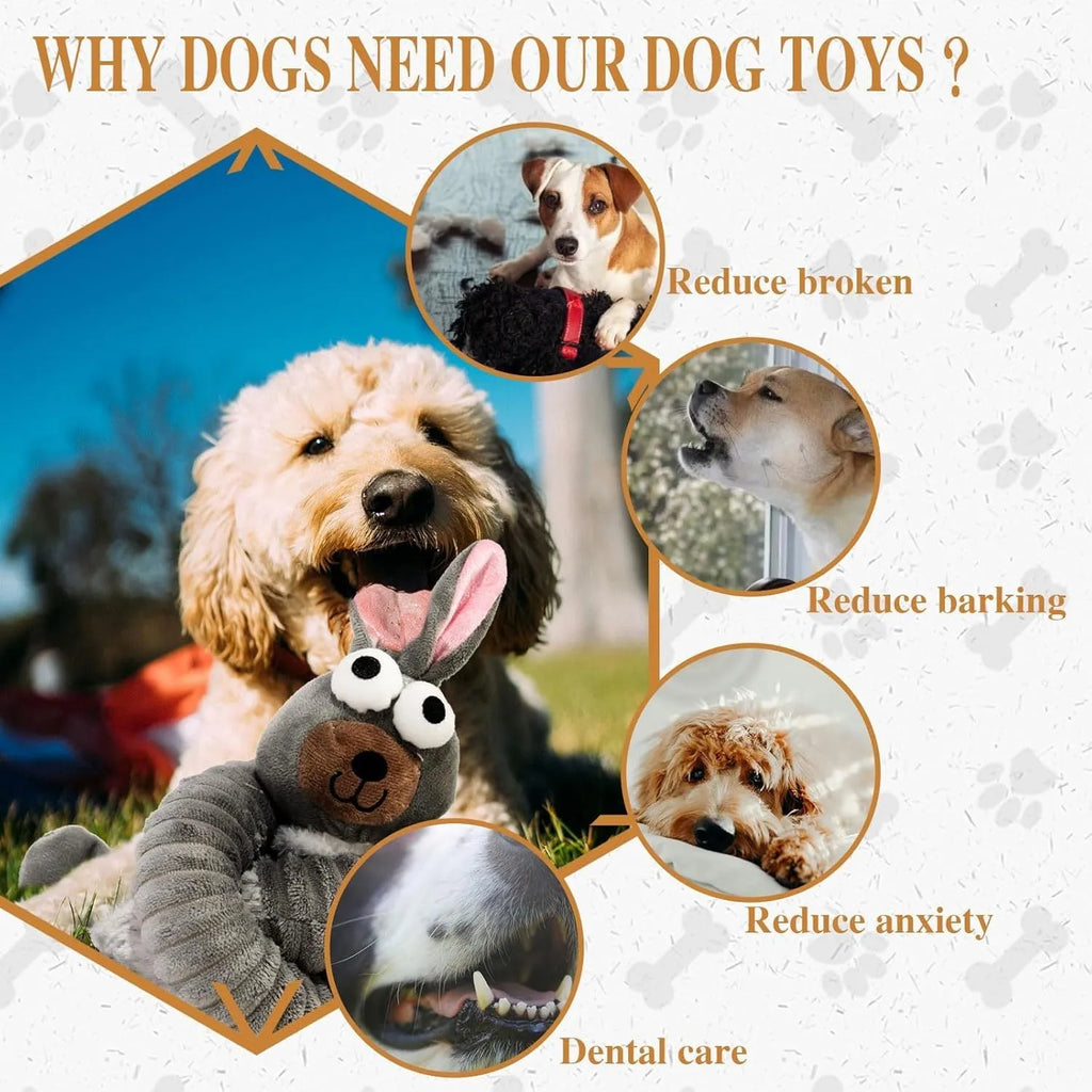 Brown, grey, and yellow plush dog toys with squeakers and crinkle paper inside.