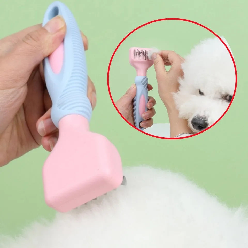 Stainless steel dog comb with knot knife edge and massage blades for pet grooming