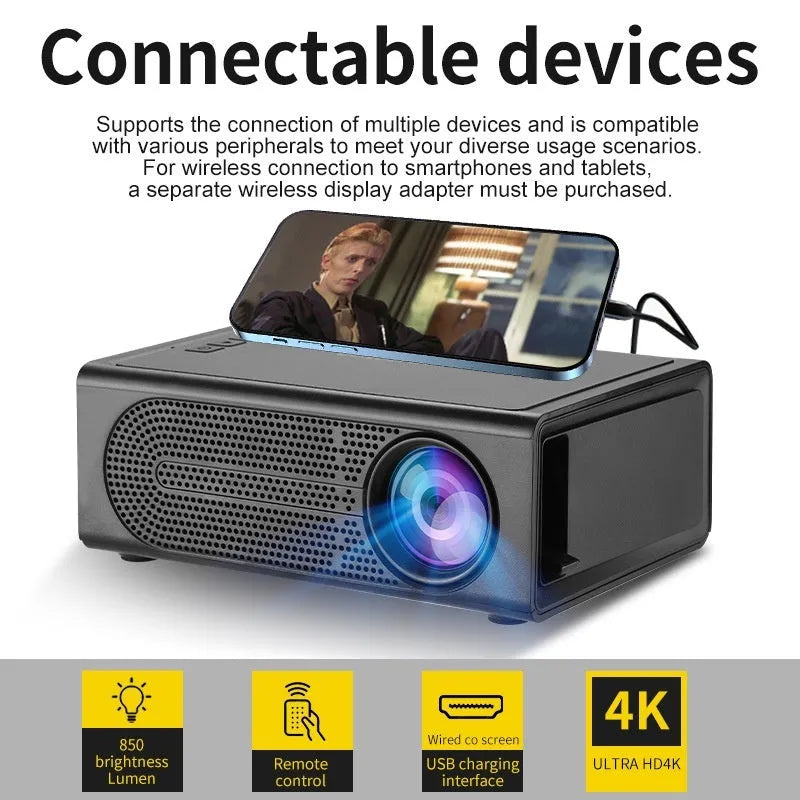 Black and white portable mini projector with wired connection for mobile phone screen mirroring.