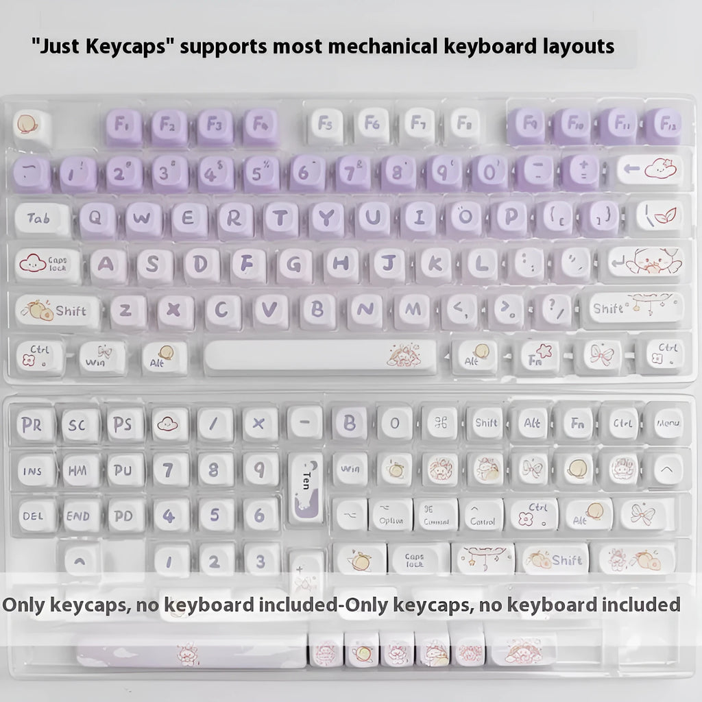 Set of purple to white gradient keycaps with a sublimation printed rabbit design for mechanical keyboards.