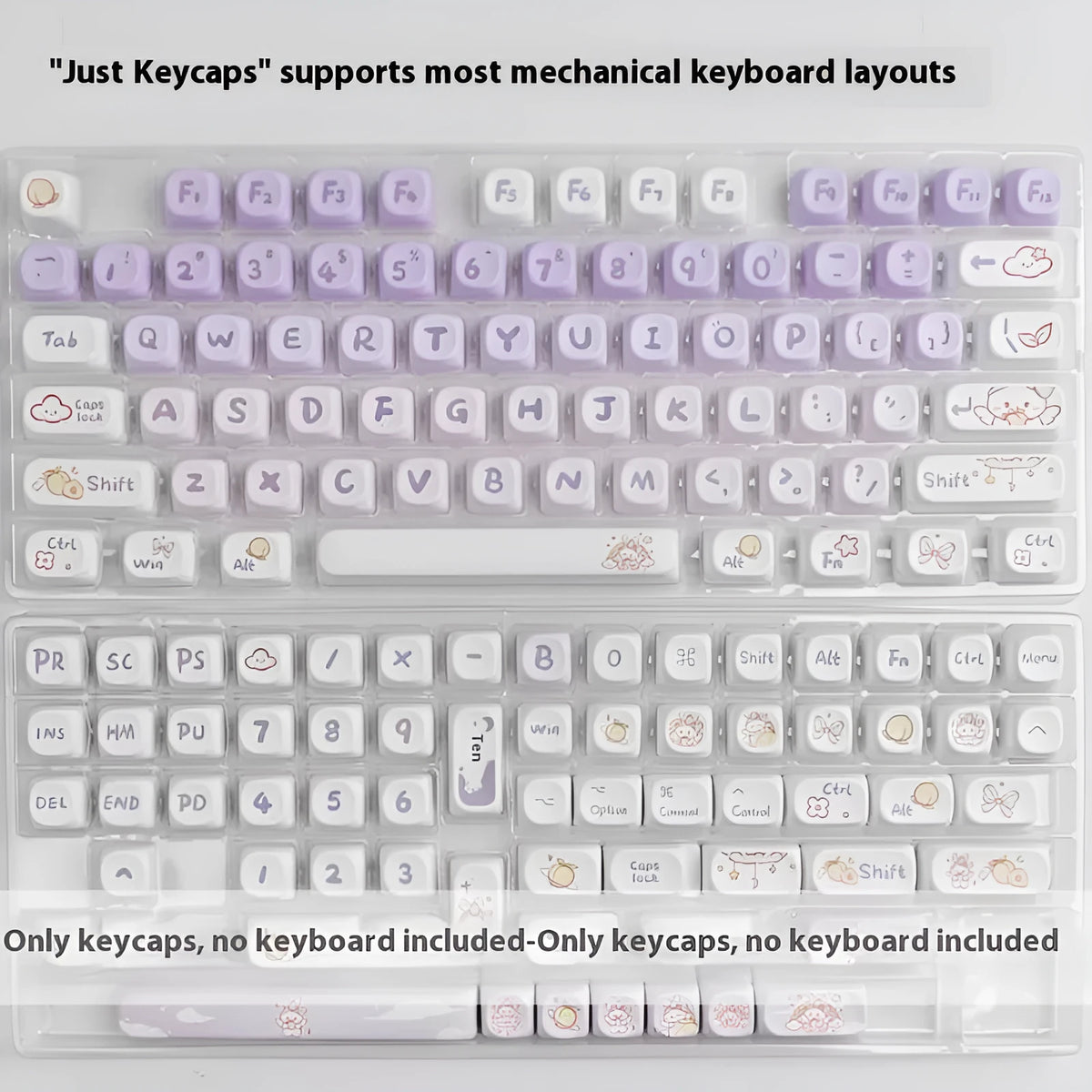 Set of purple to white gradient keycaps with a sublimation printed rabbit design for mechanical keyboards.