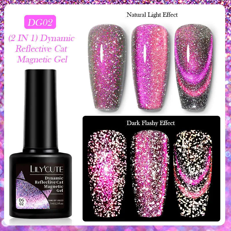 Cat eye series nail polish gel bottle showing diamond glitter fragments in one of six available colour options