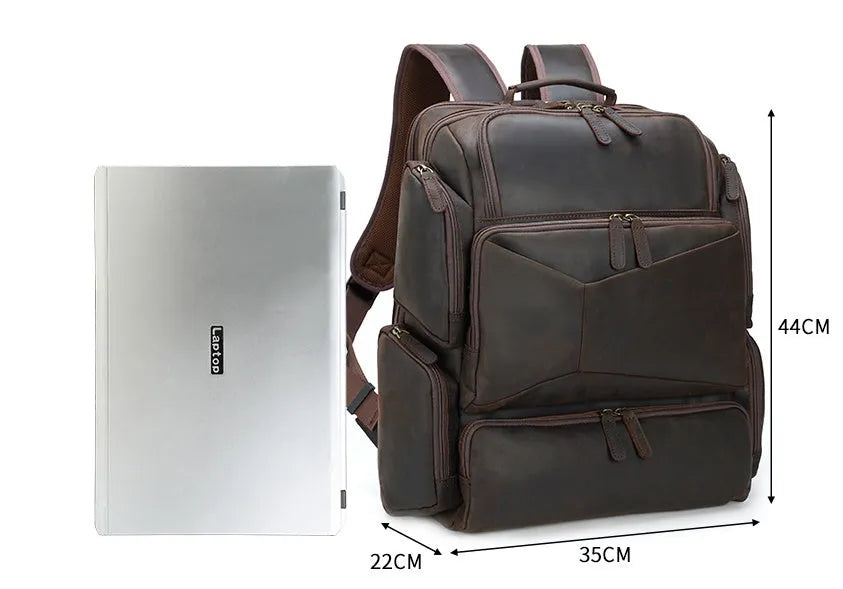 Dark brown retro crazy horse leather backpack for men with double shoulder straps, open front pocket.