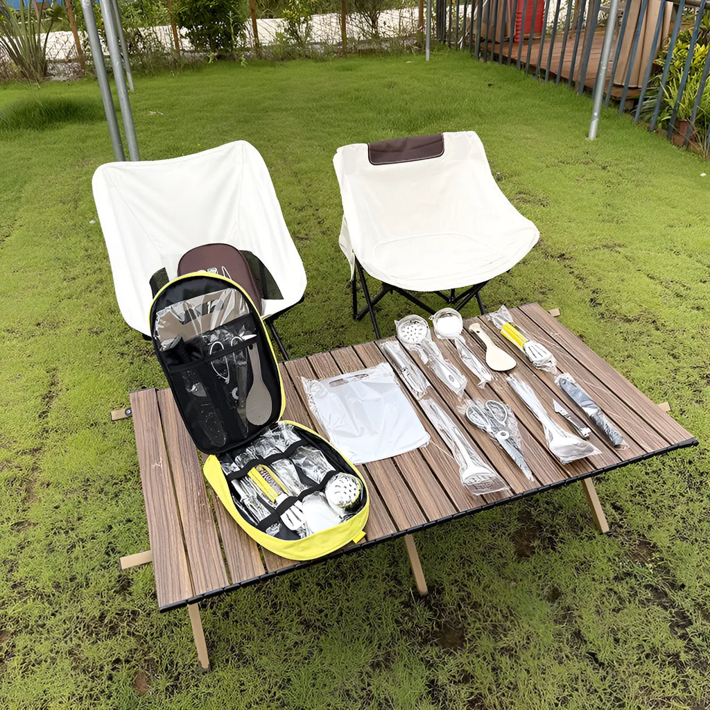 Brown portable picnic kitchenware storage bag containing 12-piece stainless steel cutlery set
